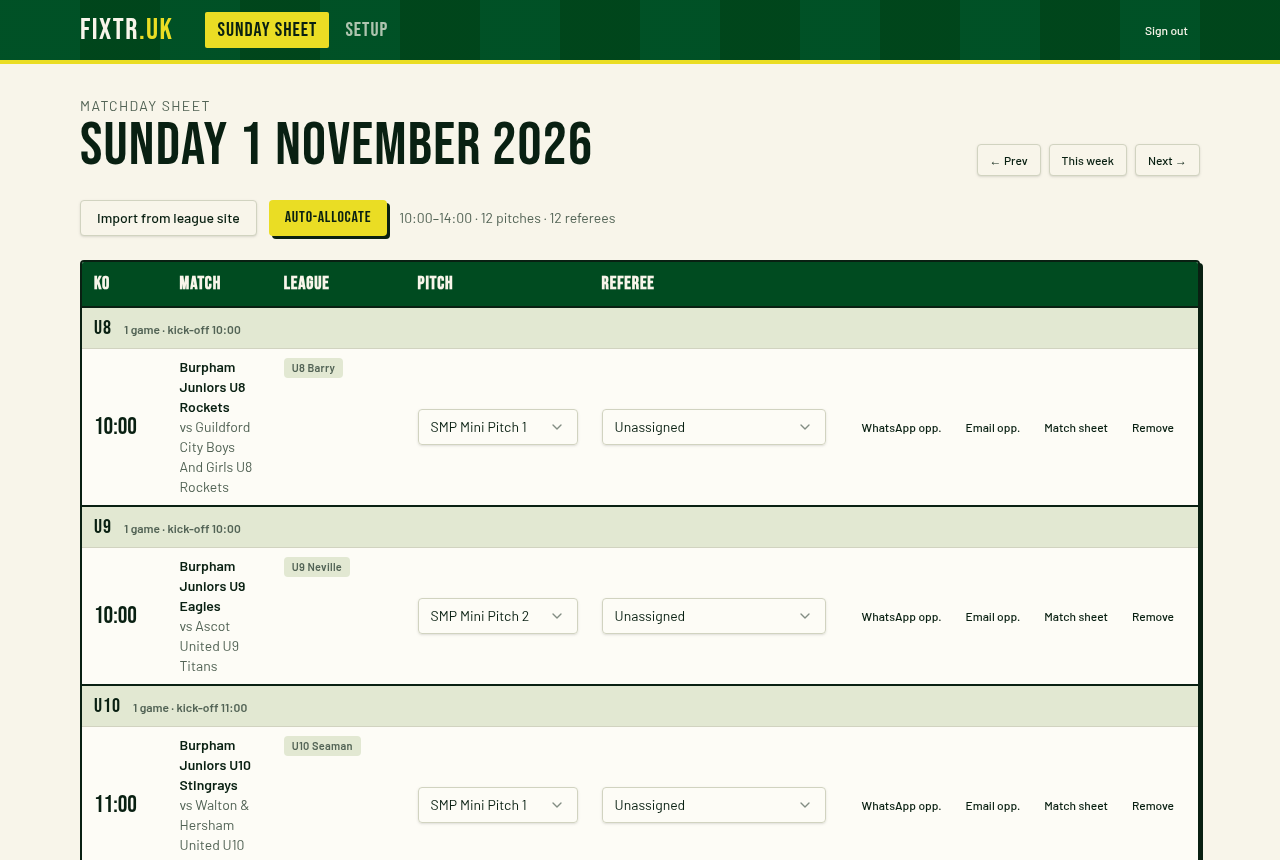 The Sunday sheet showing matches grouped by age with kick-off times, pitches and referees