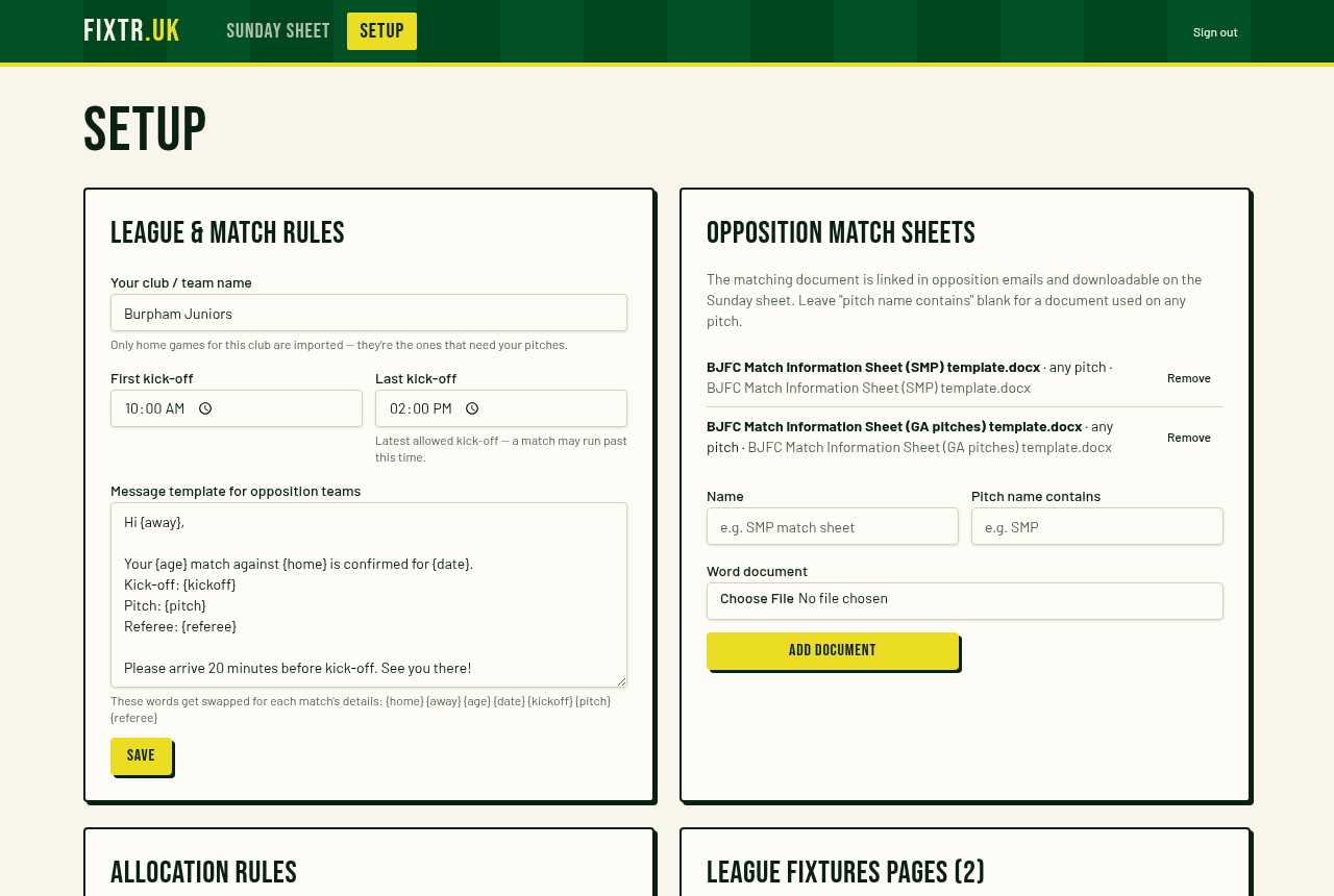 The Setup page with match times, opposition match sheets and allocation rules